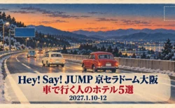 Hey! Say! JUMP 京セラドーム大阪 車で行く人のホテル5選 2027.1.10-12の文字と、夕暮れの山あいの高速道路をクラシックな乗用車が走る、白い縁取りのレトロな絵はがき風のイラスト