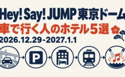 Hey! Say! JUMP 東京ドーム 車で行く人のホテル5選 2026.12.29-2027.1.1の文字と、車・駐車場・ホテル・電車・音楽のアイコンを紺と朱色で並べたピクトグラム風のイラスト