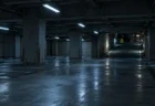 夜の無人の地下駐車場。蛍光灯に照らされたコンクリートの柱と出口のスロープ