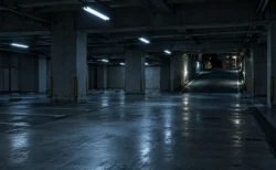 夜の無人の地下駐車場。蛍光灯に照らされたコンクリートの柱と出口のスロープ