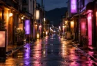 雨上がりの路面にネオンの光が映る地方都市の夜の歓楽街