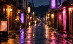 雨上がりの路面にネオンの光が映る地方都市の夜の歓楽街