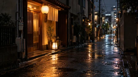 雨に濡れた夜の路地に、提灯と行灯の明かりがともる小さな店の入口