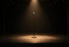 開演前の照明を落とした無人のライブステージに立つスタンドマイクとスポットライト