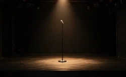 開演前の照明を落とした無人のライブステージに立つスタンドマイクとスポットライト