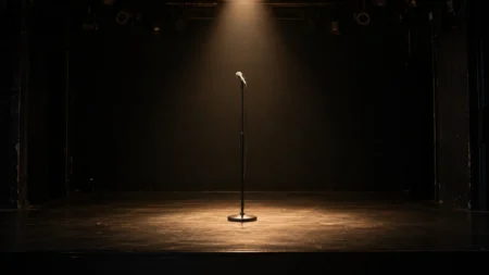 開演前の照明を落とした無人のライブステージに立つスタンドマイクとスポットライト