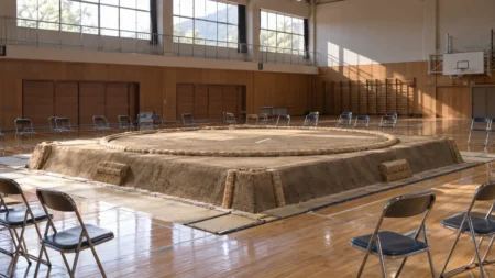 体育館に設けられた巡業の土俵と俵