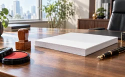朝の光が差す事務所の木製デスクと書類、印鑑
