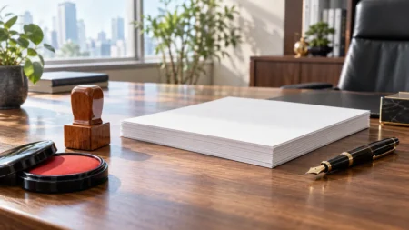 朝の光が差す事務所の木製デスクと書類、印鑑