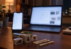 夜の机の上に並ぶスマートフォンとノートPC、手前の麻雀牌と点棒