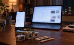 夜の机の上に並ぶスマートフォンとノートPC、手前の麻雀牌と点棒