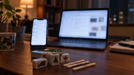 夜の机の上に並ぶスマートフォンとノートPC、手前の麻雀牌と点棒