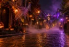ハロウィーンの装飾が施された夜のテーマパークの街並み