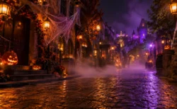 ハロウィーンの装飾が施された夜のテーマパークの街並み