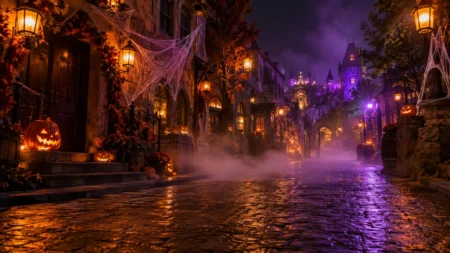 ハロウィーンの装飾が施された夜のテーマパークの街並み