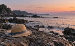 夏の夕方の日本海の磯に打ち寄せる穏やかな波と、岩の上に置かれた子ども用の麦わら帽子