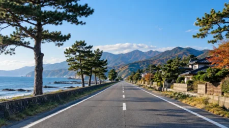 秋晴れの海沿いの道路と遠くに続く松並木