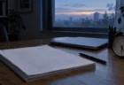 夜明け前の机に置かれたノートパソコンと書類の束、ボールペンと目覚まし時計