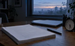 夜明け前の机に置かれたノートパソコンと書類の束、ボールペンと目覚まし時計