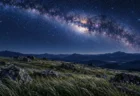 満天の星と天の川の下、巨石が点在する夜の草原の丘