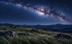 満天の星と天の川の下、巨石が点在する夜の草原の丘