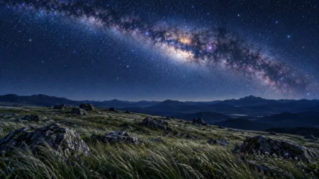 満天の星と天の川の下、巨石が点在する夜の草原の丘
