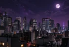 紫がかった夜空に満月と星が輝く、高層ビルが並ぶ都会の夜景