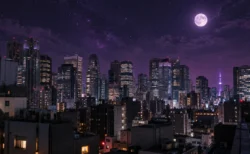 紫がかった夜空に満月と星が輝く、高層ビルが並ぶ都会の夜景