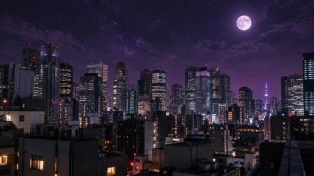 紫がかった夜空に満月と星が輝く、高層ビルが並ぶ都会の夜景