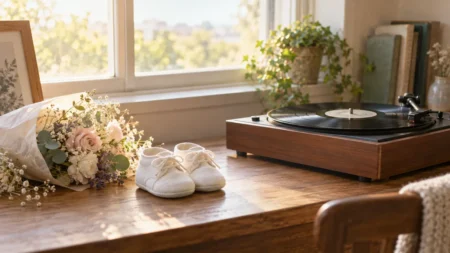朝の光が差す窓辺のテーブルに置かれた白いベビーシューズと花束、レコードプレーヤー
