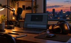 夕暮れの撮影デスクに置かれたマイクと一時停止表示のノートパソコン、ボクシンググローブ
