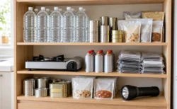 家庭の棚に並べて備蓄された水のペットボトル、缶詰、レトルト食品、カセットコンロ、簡易トイレ、懐中電灯