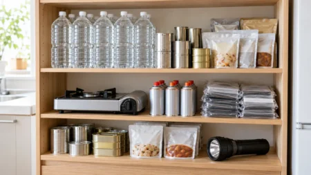 家庭の棚に並べて備蓄された水のペットボトル、缶詰、レトルト食品、カセットコンロ、簡易トイレ、懐中電灯