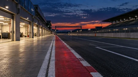 夕暮れのサーキットのピットレーンとメインストレート