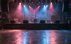 色とりどりの照明に照らされたライブハウスの無人のステージ