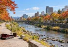 秋の札幌の川沿いの公園の遊歩道に置かれたアコースティックギターとマイクスタンド