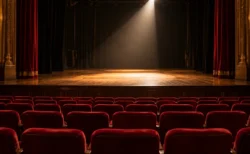 開演前の劇場の舞台を照らすスポットライトと赤い客席