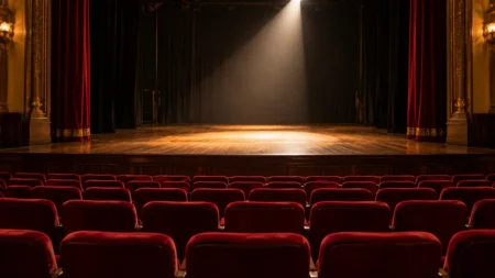 開演前の劇場の舞台を照らすスポットライトと赤い客席