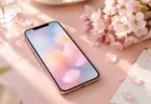淡いピンクの机に置かれたスマートフォンと桜の花束、カレンダー