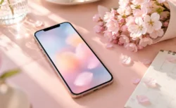 淡いピンクの机に置かれたスマートフォンと桜の花束、カレンダー