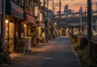 夕暮れの下町の商店街と線路沿いの道