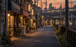 夕暮れの下町の商店街と線路沿いの道