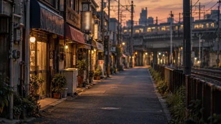 夕暮れの下町の商店街と線路沿いの道