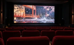 照明が落ちた映画館の無人の赤い座席と、和風の舞台が映る大きなスクリーン