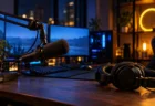 ネオンに照らされた夜の配信スタジオのマイク