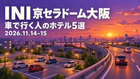 INI 京セラドーム大阪 車で行く人のホテル5選 2026.11.14-15の文字と、夕暮れの高速道路のカーブと駐車場をローポリゴンで描いたイラスト