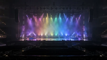 色とりどりの照明に照らされた無人のライブステージ