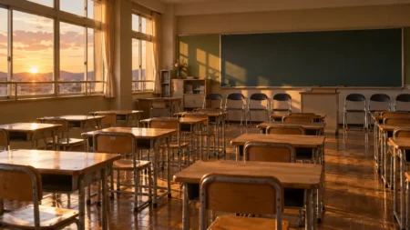 放課後の小学校の教室と、黒板の前に並ぶ保護者用の椅子