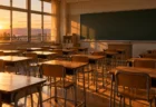 放課後の小学校の教室に並ぶ木の机と黒板