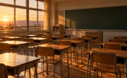 放課後の小学校の教室に並ぶ木の机と黒板